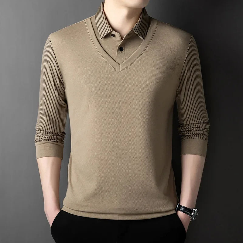 Polo Homme Manches Longues Faux Deux Pièces Couleur Unie – Business Casual Élégant Toutes Saisons Polyvalent | Mode Homme Premium