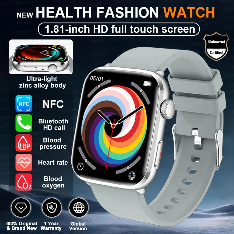 Smartwatch 2025 Unisex Gesundheit NFC Bluetooth – Blutdruck Sauerstoff Sport Anrufe | Herren & Damen