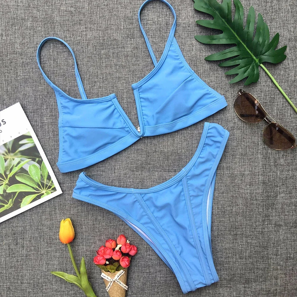 Bikini Femme 2 Pièces Denim Effet Jeans Tanga V Push-Up – Maillot de Bain Sexy Été & Plage