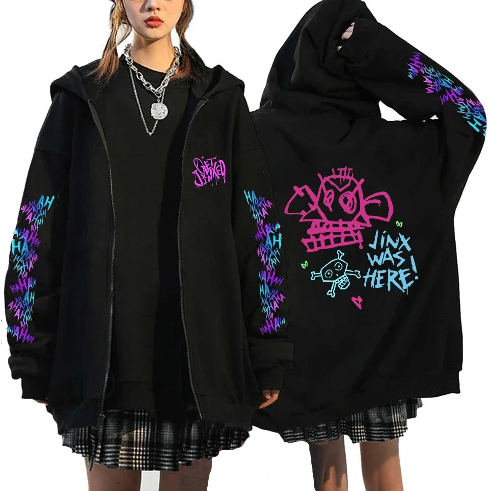 Hoodie Zip Arcane Jinx Harajuku Anime Graffiti – Streetwear Gothic Unisexe Gamer