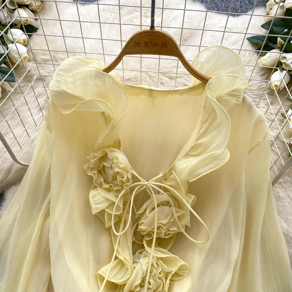 Robe Courte Femme Fleurs 3D Manches Longues Laçage Volants Mousseline – Vintage Bohème Sexy | Plage Été