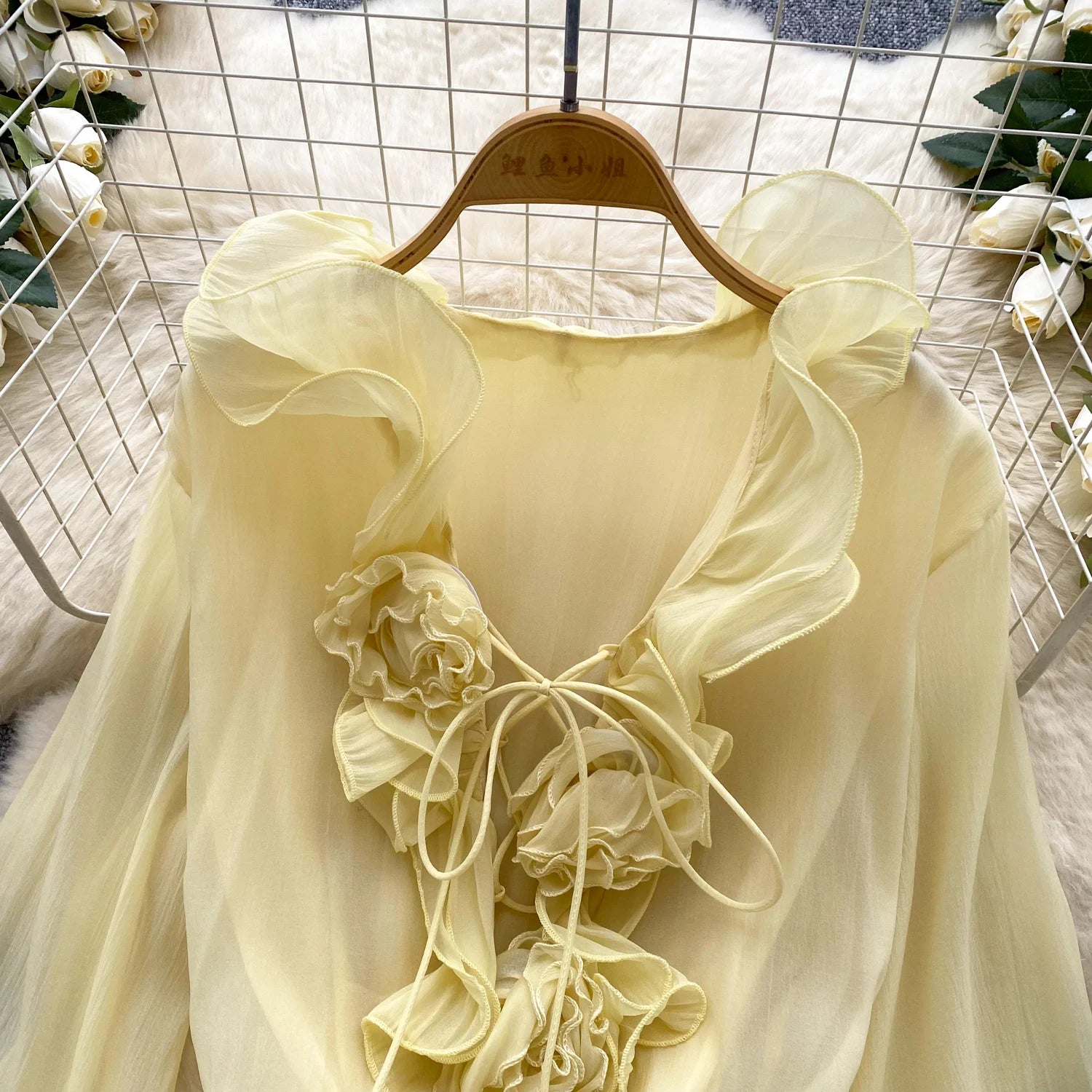 Robe Courte Femme Fleurs 3D Manches Longues Laçage Volants Mousseline – Vintage Bohème Sexy | Plage Été