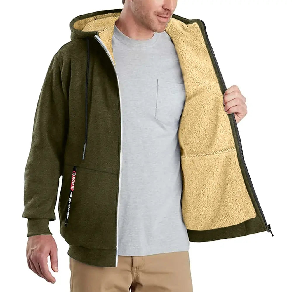 Unisex-Kapuzenstrickjacke aus Lammwolle, gefüttert mit Plüsch, Reißverschluss, Vordertaschen, warm für den Winter, einfarbig | Premium Hoodie aus Lammwolle