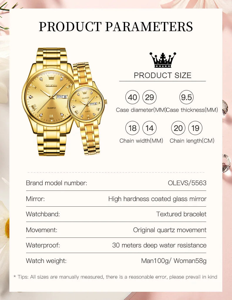 Paar-Uhr OLEVS Gold Luxus Quarz – Stahl Leuchtend Wasserdicht Datum Wochentag Trend