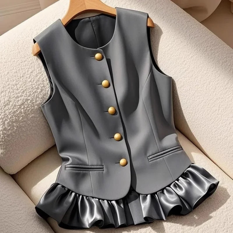 Gilet Blazer Femme Sans Manches Color Block Café Rétro Élégant – Veste Tailleur Bureau Casual Chic Printemps Été | Mode