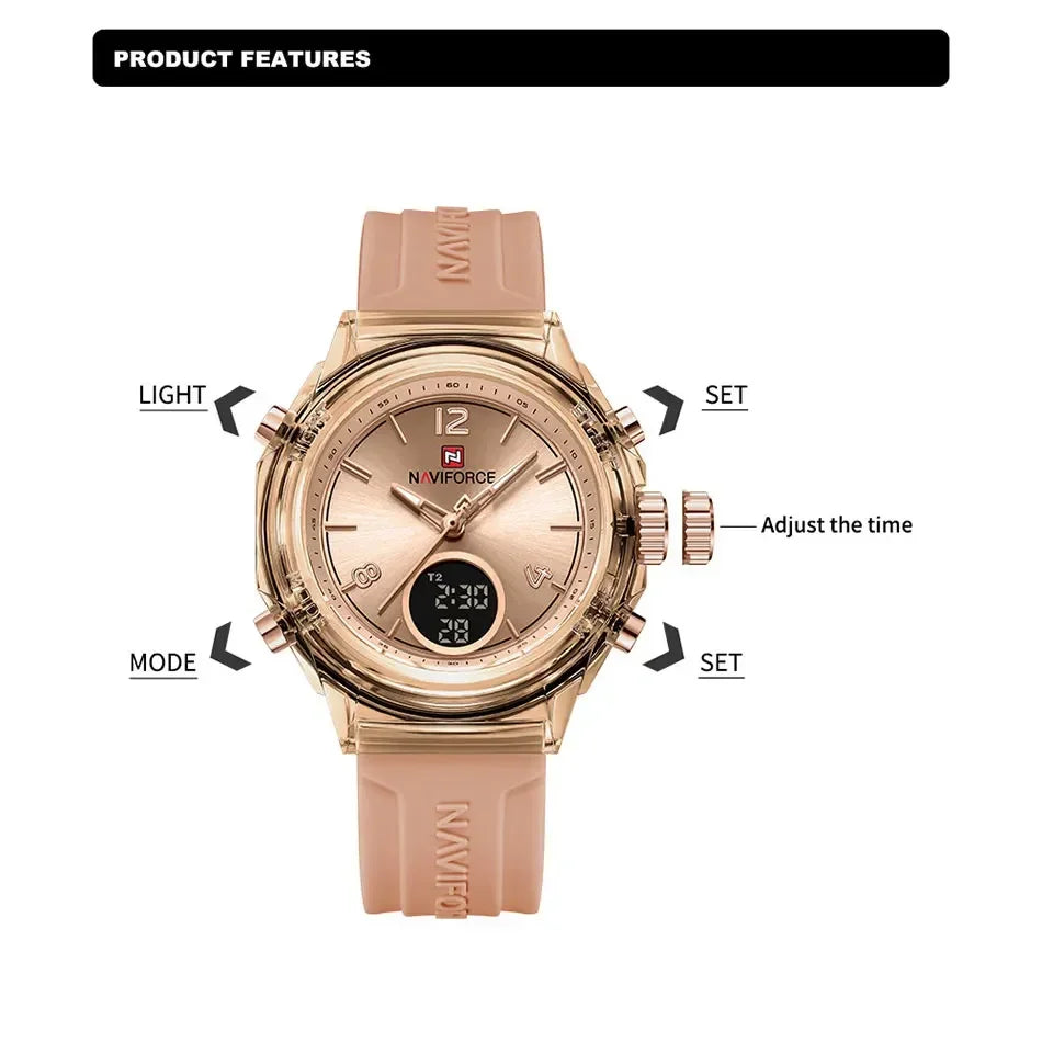 Montre Femme NAVIFORCE NF7109 Quartz Double Affichage – Silicone Lumineuse Étanche Fashion