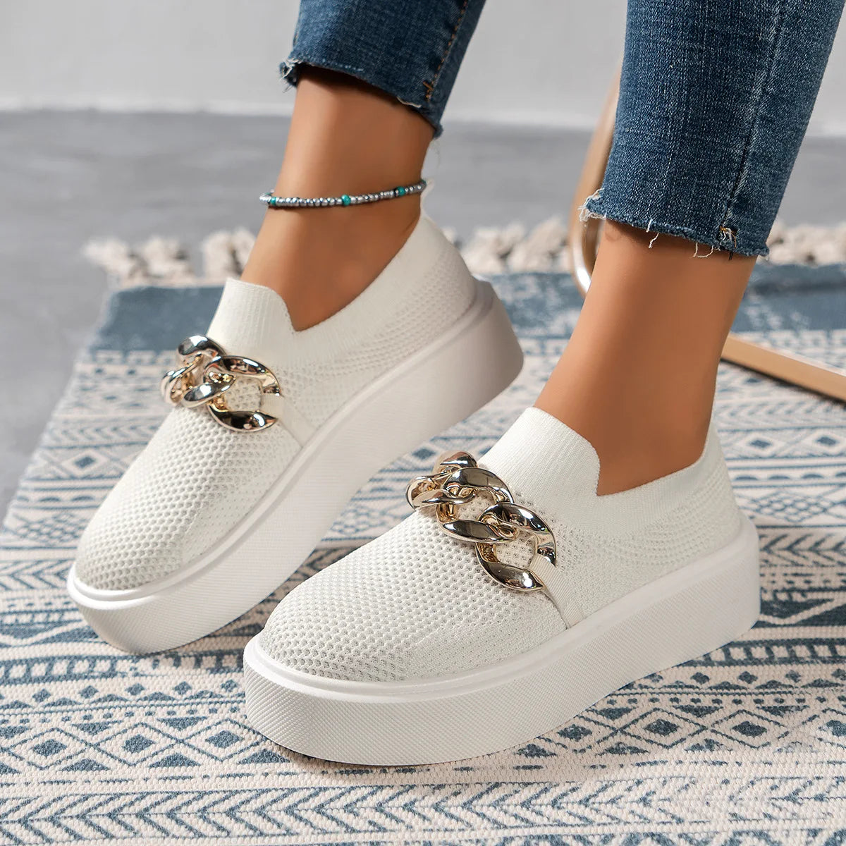 Ballerines Plateforme Noires Chaîne Métal Femme 2025 – Loafers Mesh Oxford Designer Casual