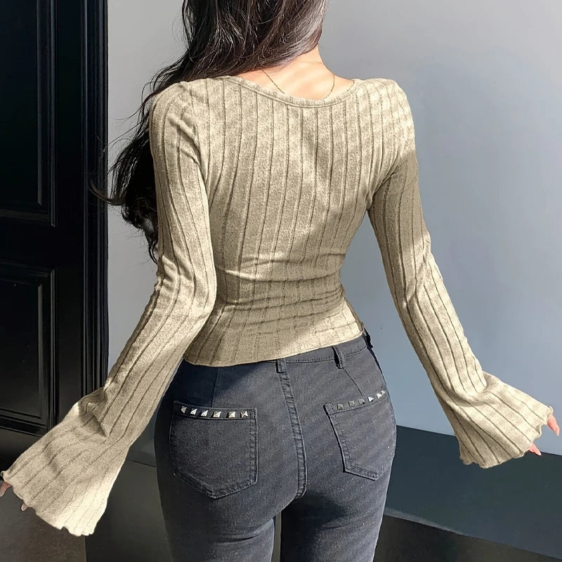 Damen Strick-Top Quadratischer Ausschnitt Langarm Überkreuzte Träger Gerippt Schmale Passform Casual – T-Shirt Streetwear Herbst Winter | Mode