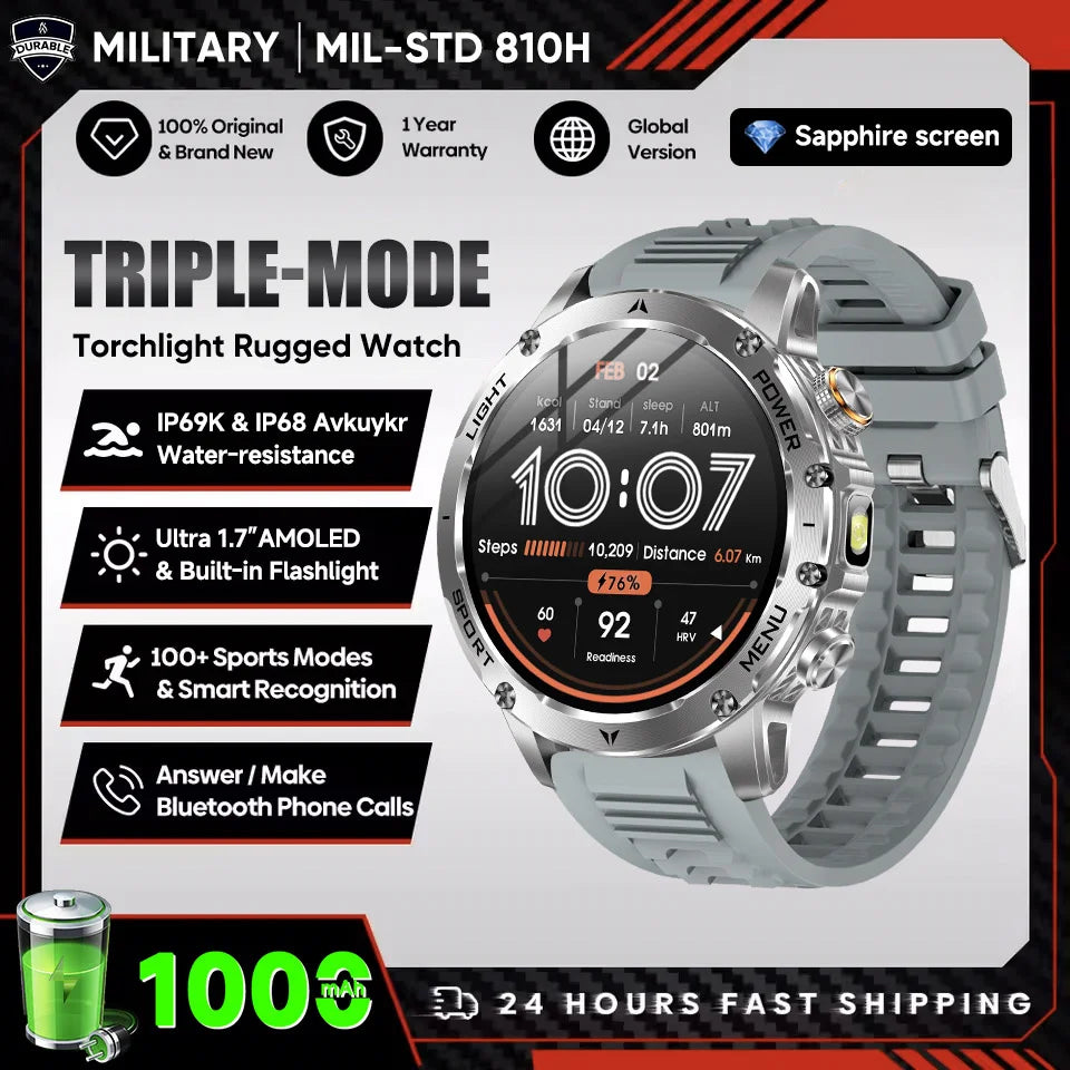 Smartwatch Militaire Homme GPS NFC 3ATM – Montre Connectée Bluetooth 1.7" HD 1000mAh Étanche