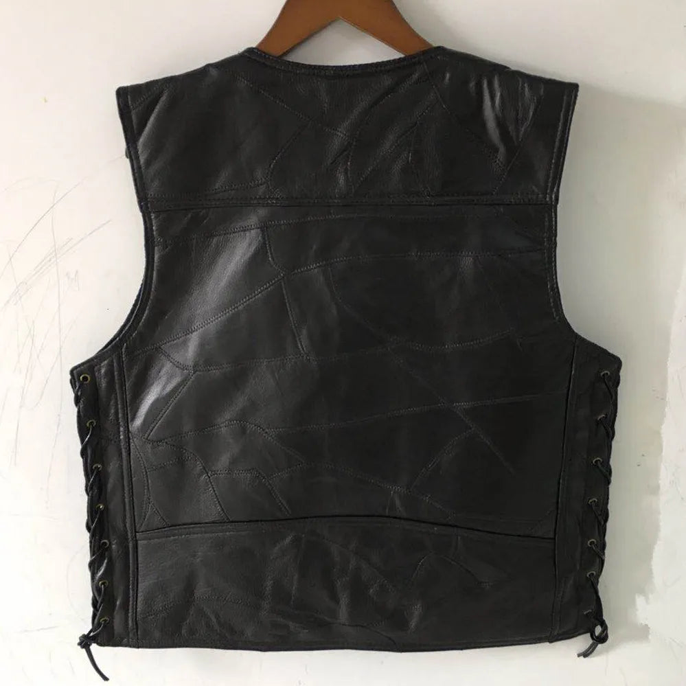 Gilet Moto Homme Cuir Agneau Noir Laçages Latéraux Ajustables Biker Vest Souple Premium Style Motard Authentique – Veste Sans Manches Cuir Véritable | Mode Homme Moto Premium