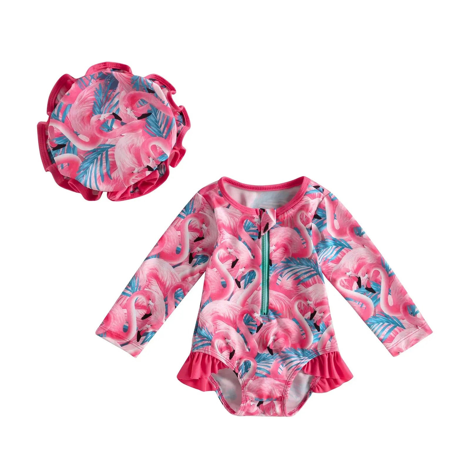Maillot de Bain Bébé Fille Combinaison Zipper – Imprimé Flamant Rose Fleurs Manches Longues + Bandeau Été
