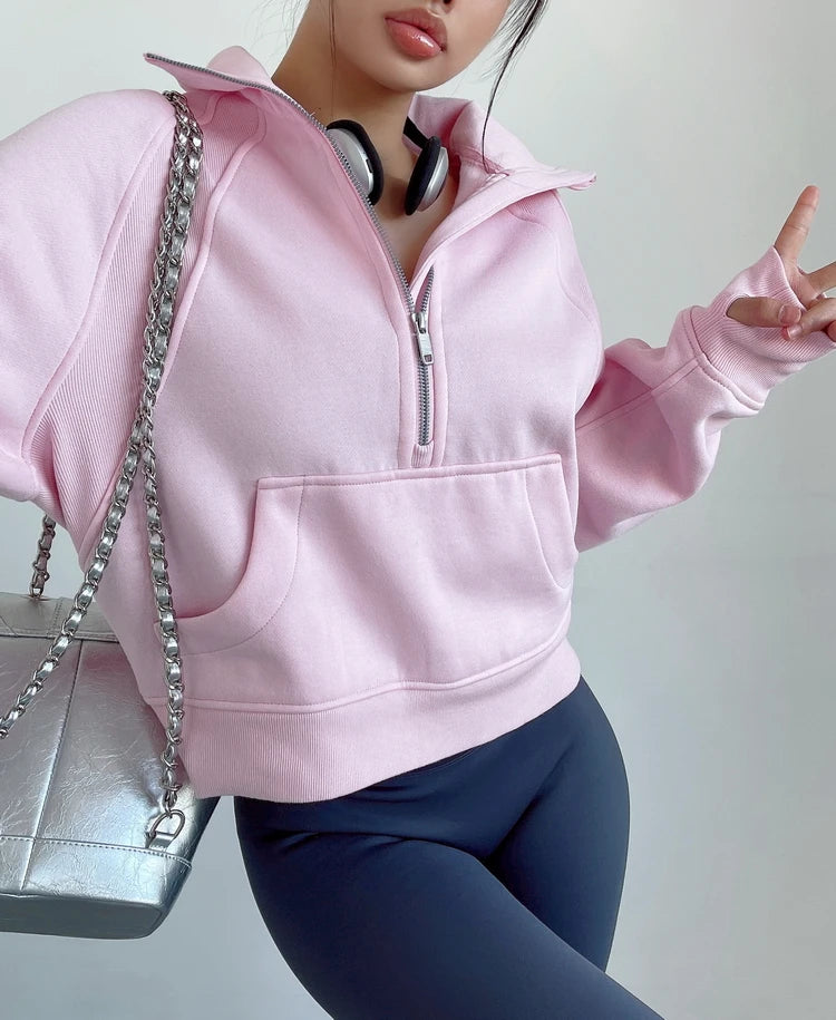 Sweat Femme Oversize Zip Polaire – Hoodie Streetwear Chaud Casual Rose Blanc