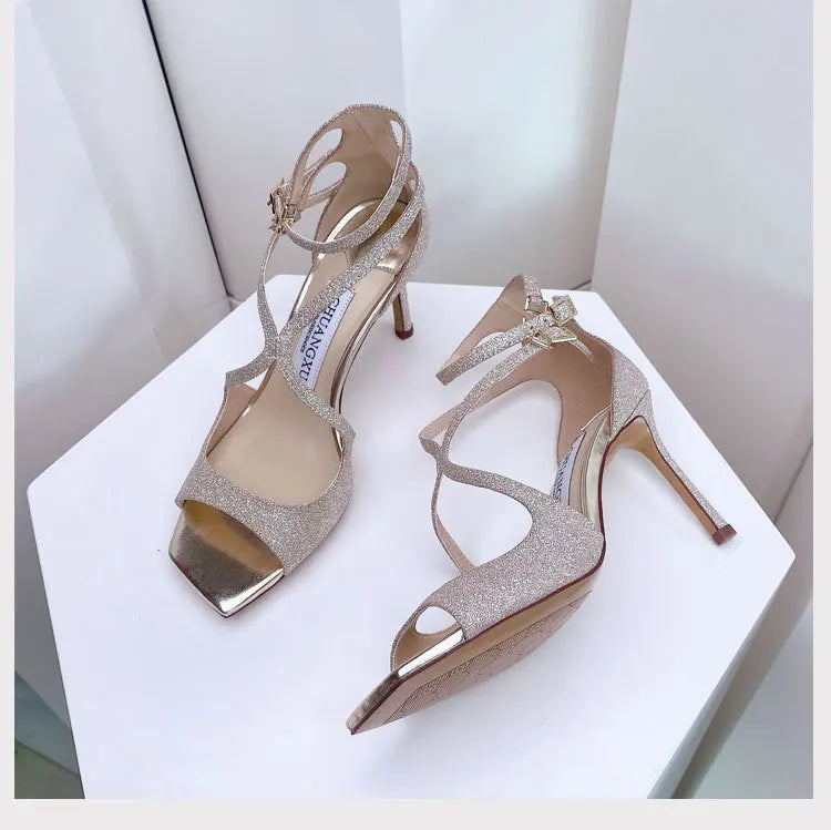 Sandales Gladiateur Sequins Luxe Femme 2025 – Bout Carré Hollow Talon Haut Designer