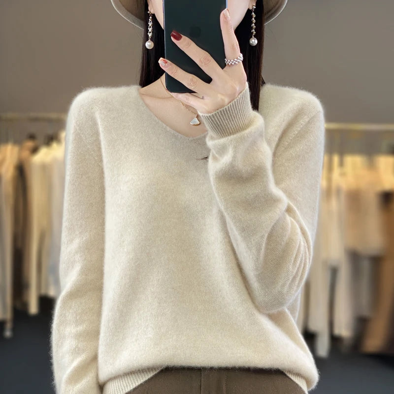 Kaschmirpullover 100% Wolle V-Ausschnitt Damen - Strick Casual Korean Fashion Herbst Winter