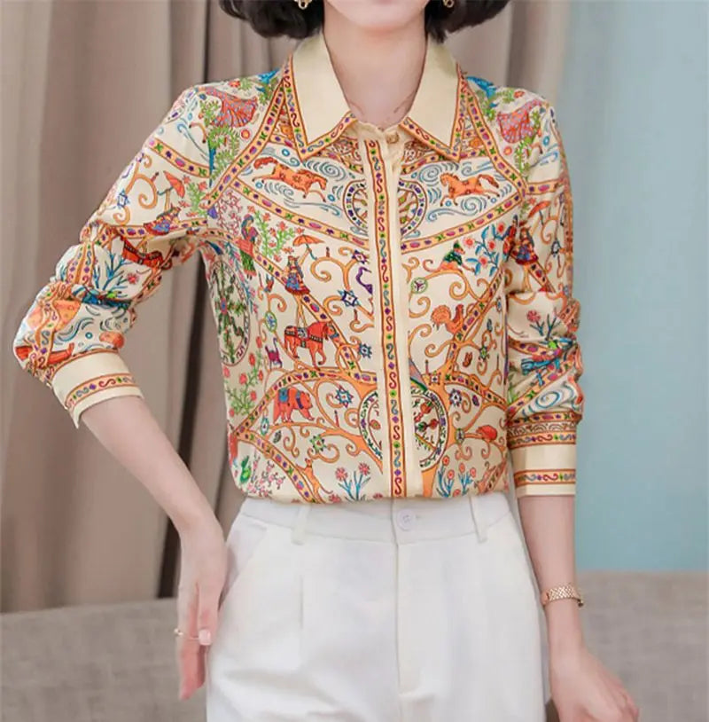 Chemisier Femme Vintage Imprimé Luxe Manches Longues Slim Élégant – Blouse Casual Chic | Automne S-3XL