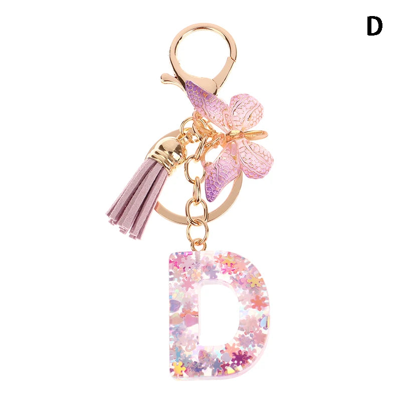 Porte-Clés Lettre Initiale Sequins Femme – Pendentif Papillon Pompon Sac Voiture Bijou