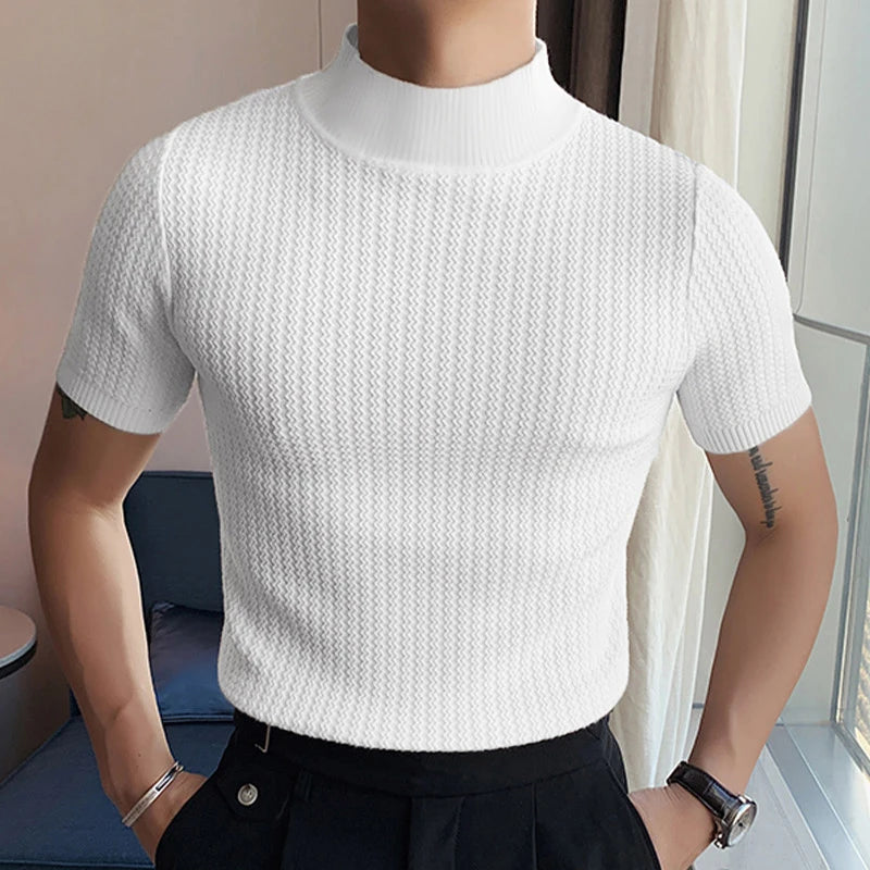 T-Shirt Homme Moulant Col Haut Texturé Couleur Unie Manches Courtes Style Coréen K-Fashion Streetwear Casual Été | Tee Shirt Col Haut K-Fashion Premium