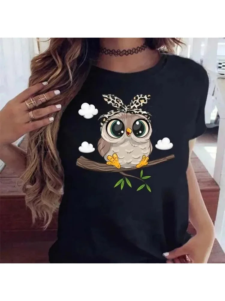 T-Shirt Femme Imprimé Hibou Cartoon Kawaii Manches Courtes Col Rond Noir Harajuku – Tee Graphic Cute Style Japonais | Mode