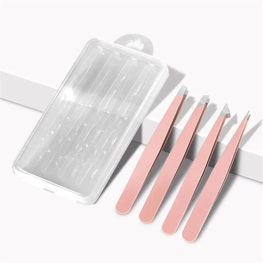 Kit 4 Pinces à Sourcils Inox Professionnelles – Bec Droit & Biaisé | Épilation Précise & Taille Sourcils | Outil Beauté Femme