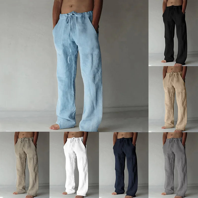 Pantalon Homme Lin Casual Quotidien Couleur Unie Été Longueur Complète Doux Taille Moyenne Poches Cordon Streetwear Confortable Léger – Pantalon Lin Premium Casual | Mode Homme Casual Premium