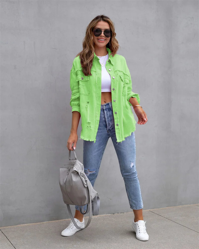 Veste en Jean Femme Bords Bruts Troués – Style Chemise Casual | Printemps Automne Tendance 2025