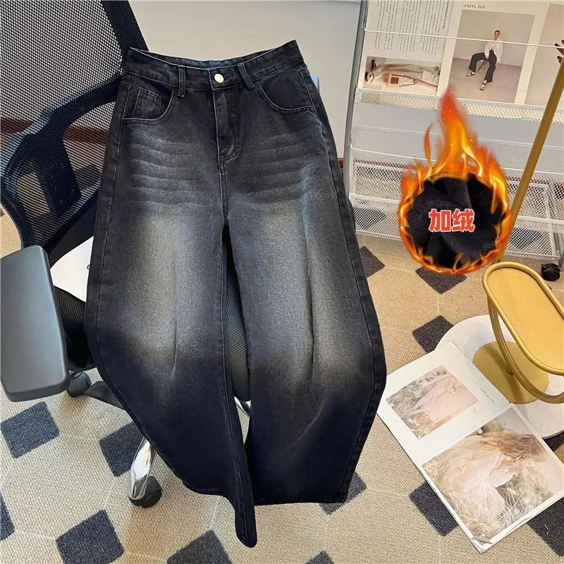Damen-Jeans Warme Fleece-Hose Gerader Schnitt Schmal Samtig Weich Vintage – Bequeme gefütterte Denim-Hose | Winter