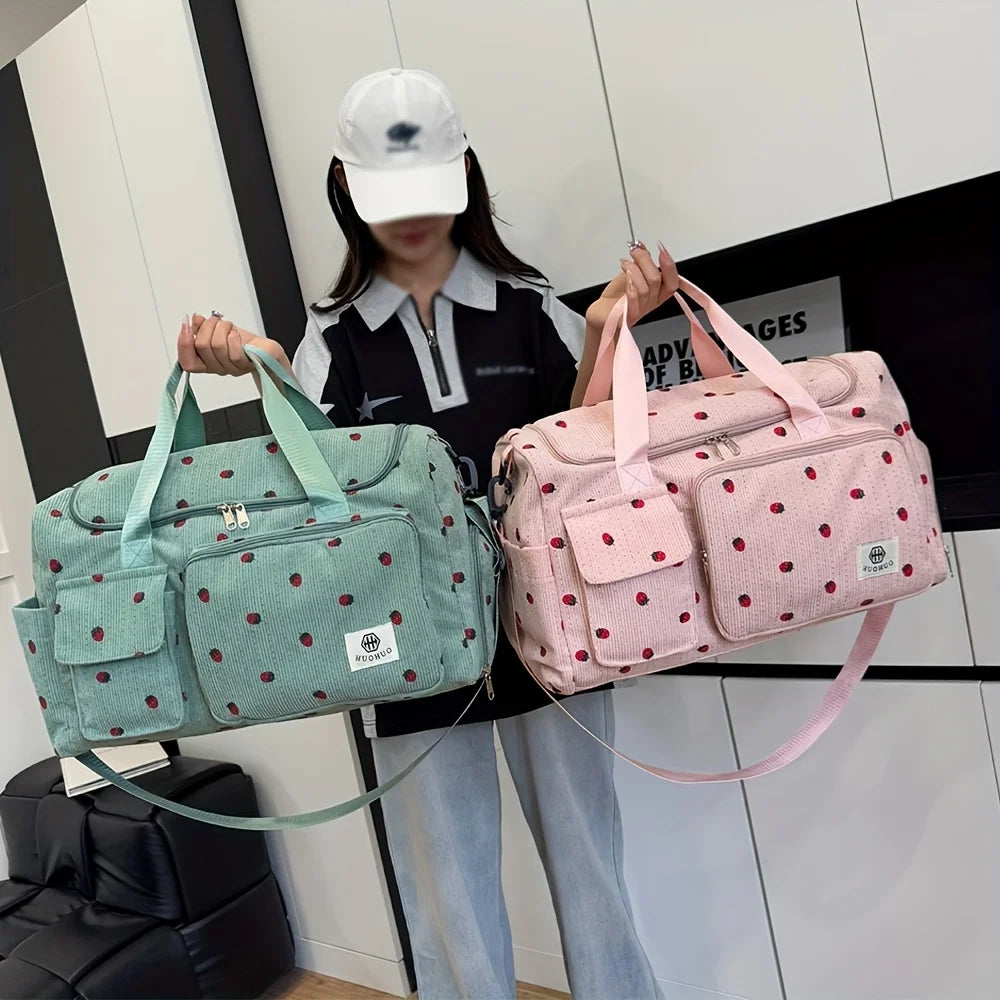 Sac de Voyage Fraise Velours Côtelé – Grande Capacité Bandoulière Léger Sport Fitness Bagage