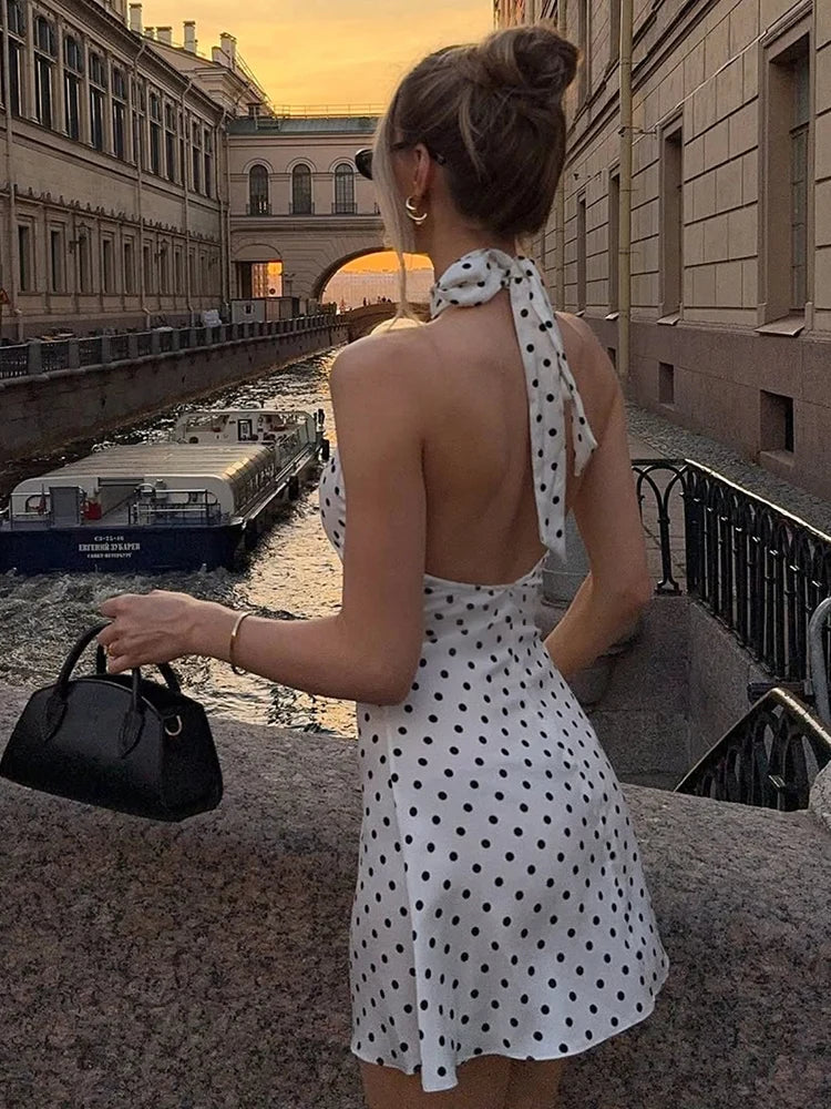 Mini Robe Femme Pois Élégante Épaules Dénudées Dos Nu Taille Haute Halter – Y2K Club & Soirée | Été