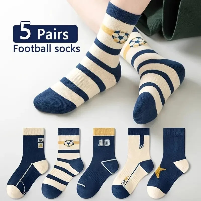 Lot 5 Paires Chaussettes Garçon Coton Rayures Motif Football – Chaussettes Enfant Printemps Automne 1-14 Ans