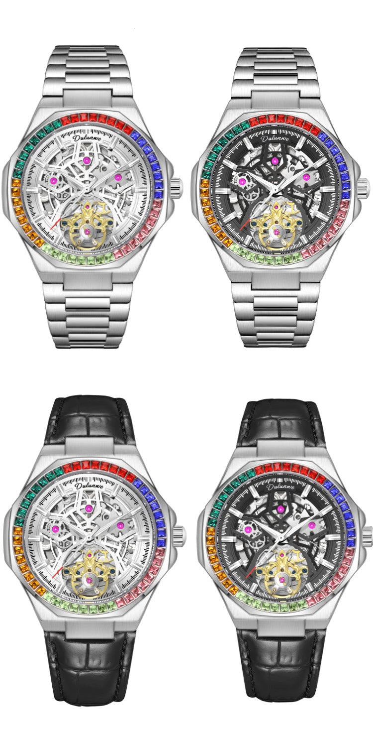 Montre Homme Tourbillon Automatique Mécanique – Lunette Gemmes Arc-en-Ciel Sport Business