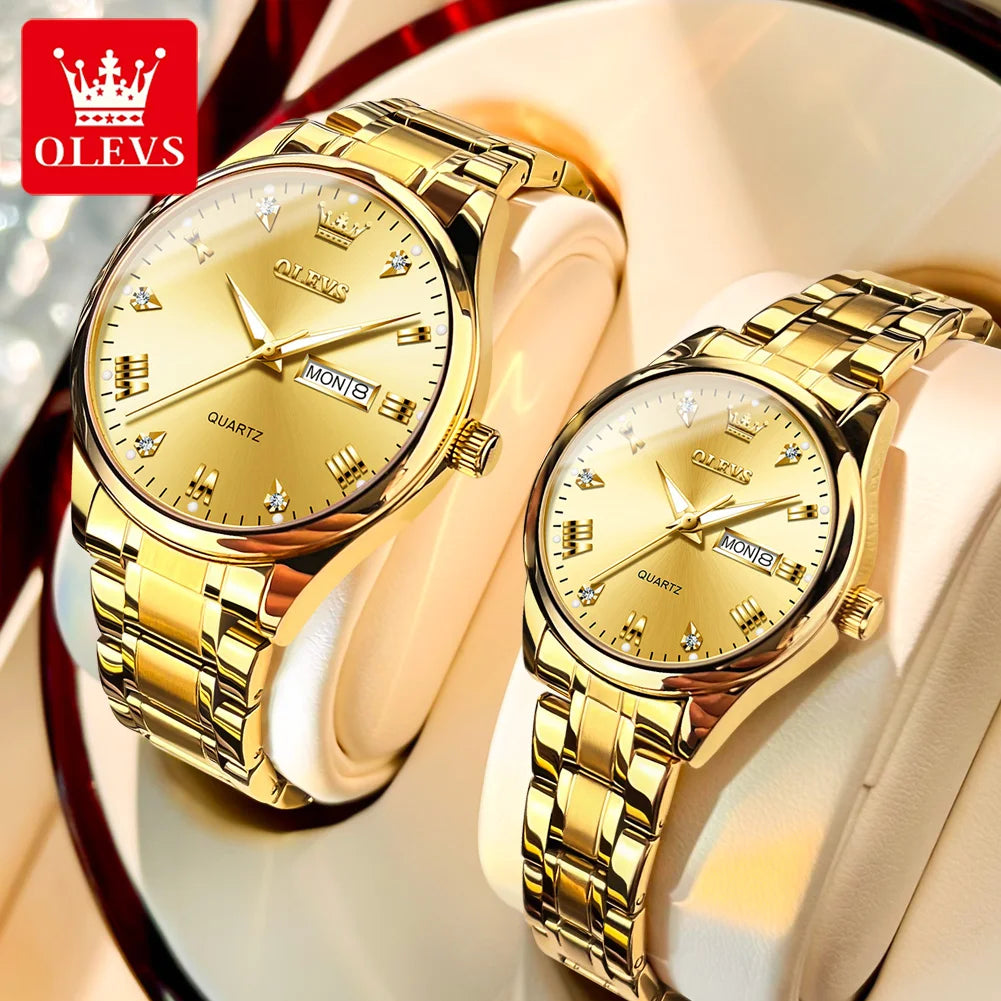 Paar-Uhr OLEVS Gold Luxus Quarz – Stahl Leuchtend Wasserdicht Datum Wochentag Trend