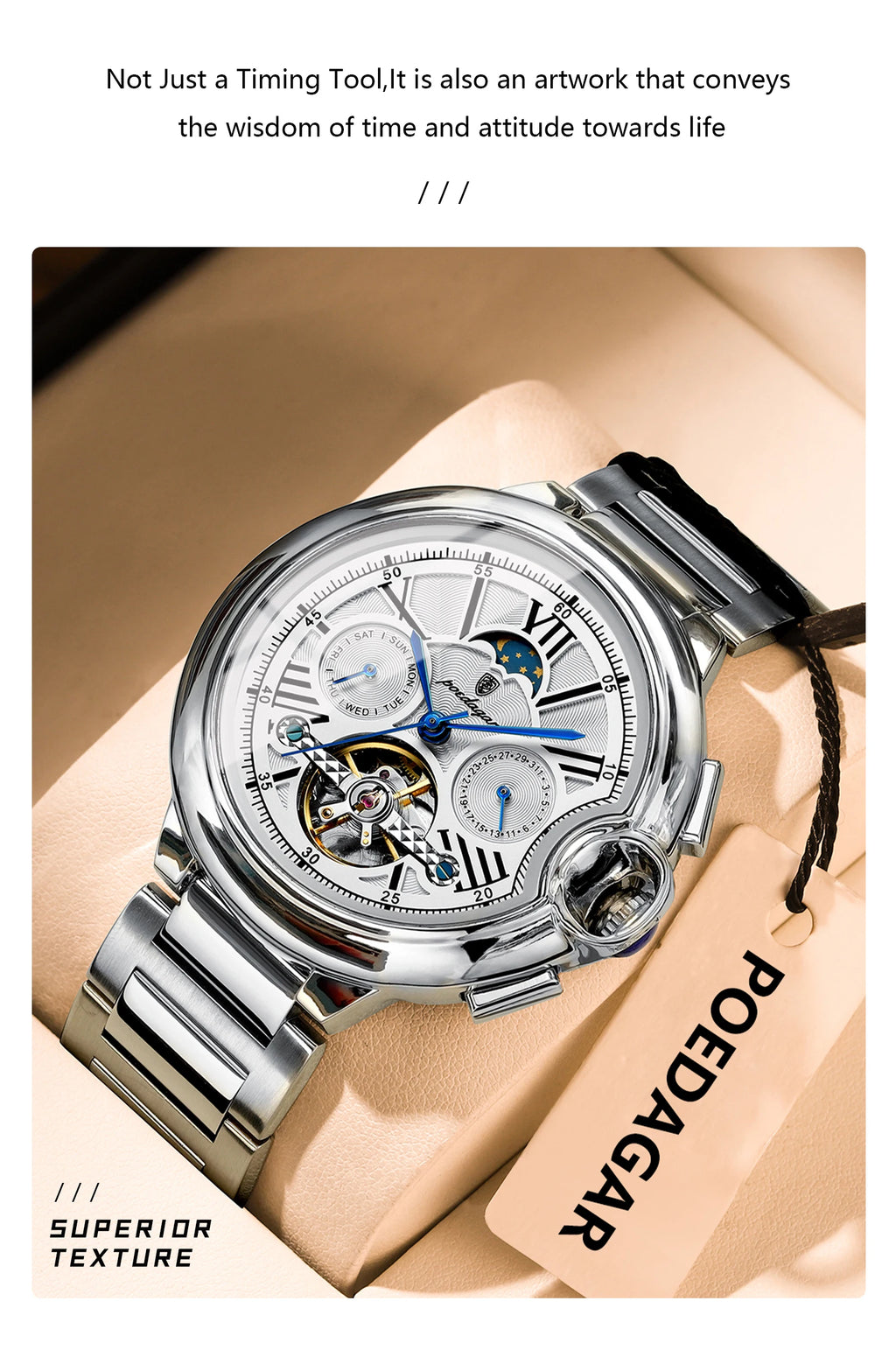 Montre Homme POEDAGAR Tourbillon Automatique Militaire – Acier Date Semaine Étanche