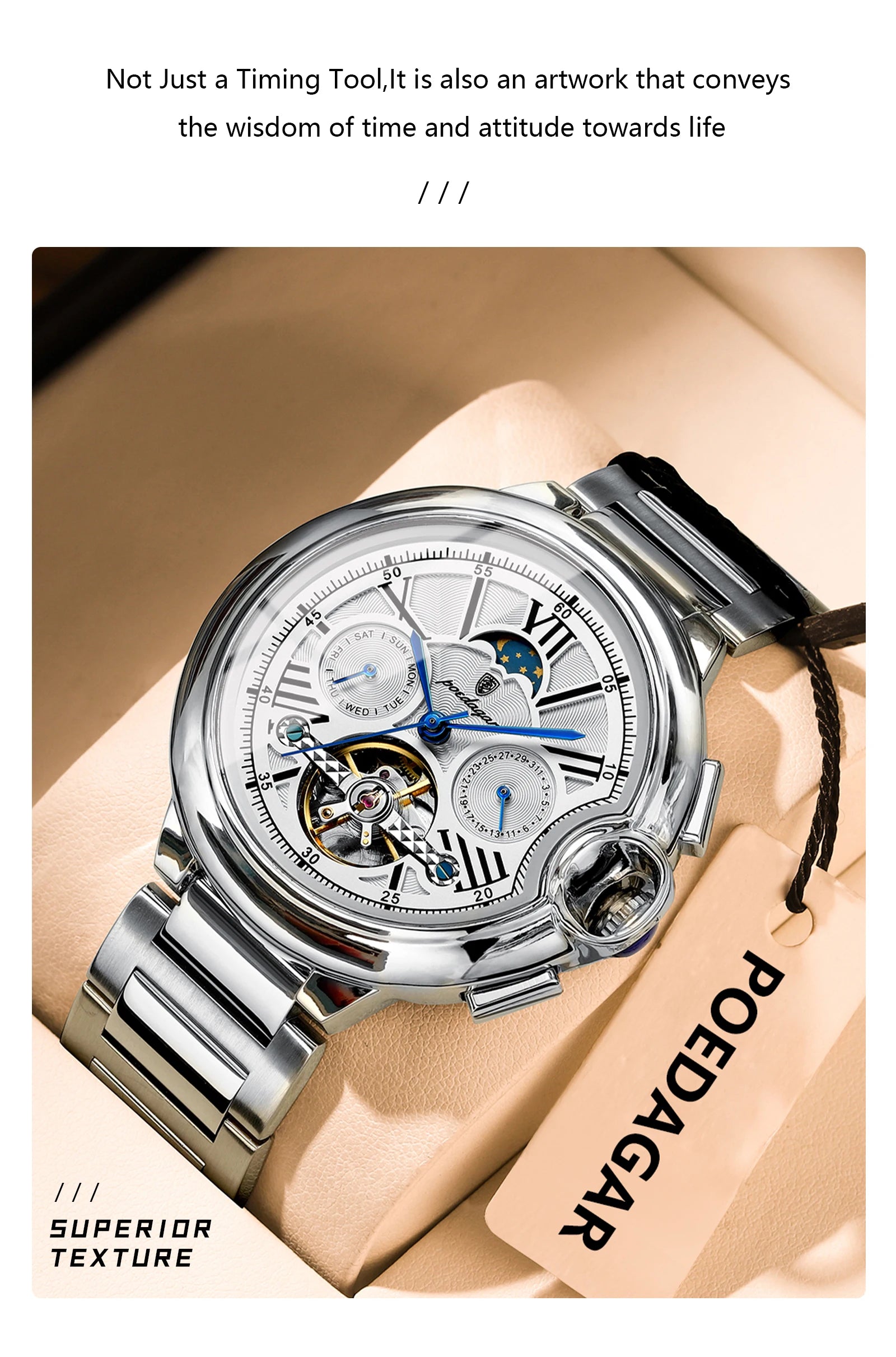 Montre Homme POEDAGAR Tourbillon Automatique Militaire – Acier Date Semaine Étanche