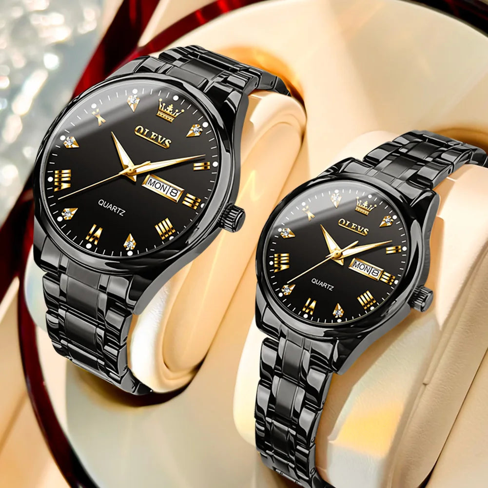 Paar-Uhr OLEVS Gold Luxus Quarz – Stahl Leuchtend Wasserdicht Datum Wochentag Trend