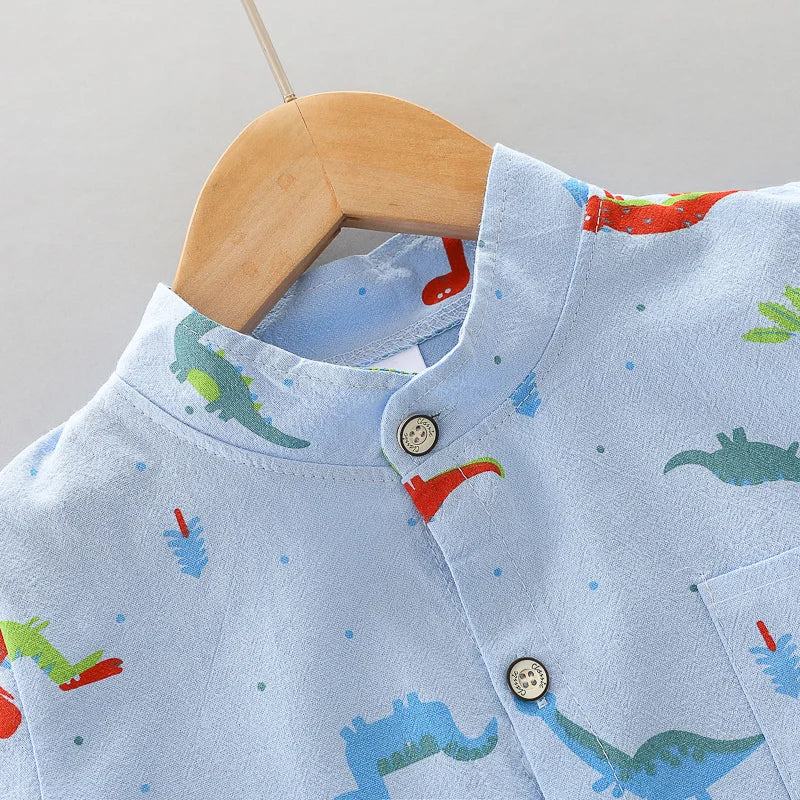 Ensemble 2 Pièces Bébé Imprimé Dinosaure Cartoon – Chemise Col Montant Manches Courtes Garçon