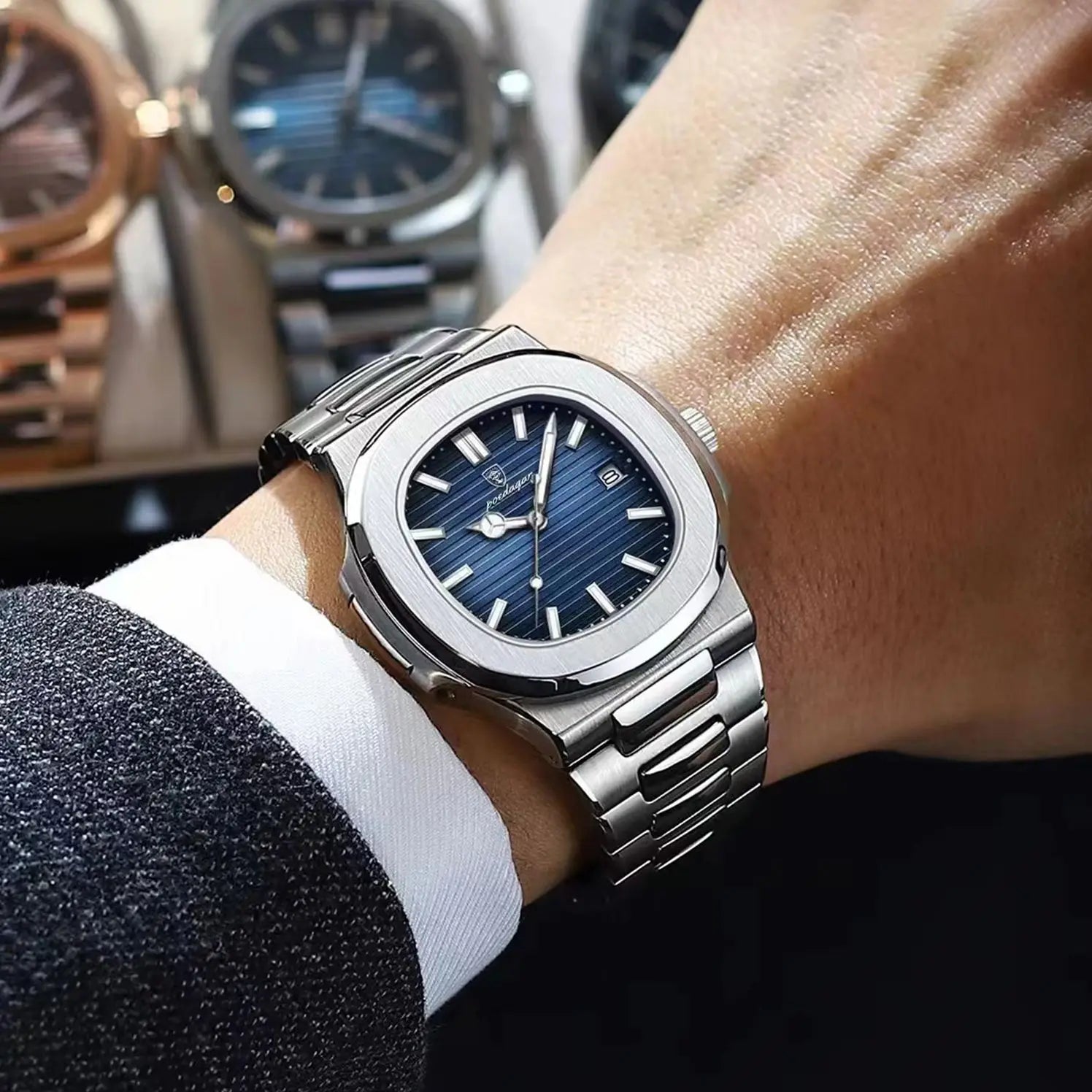Montre Homme POEDAGAR Carré Luxe Quartz – Acier Lumineux Étanche Date Sport Business