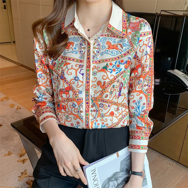 Chemisier Femme Vintage Imprimé Luxe Manches Longues Slim Élégant – Blouse Casual Chic | Automne S-3XL