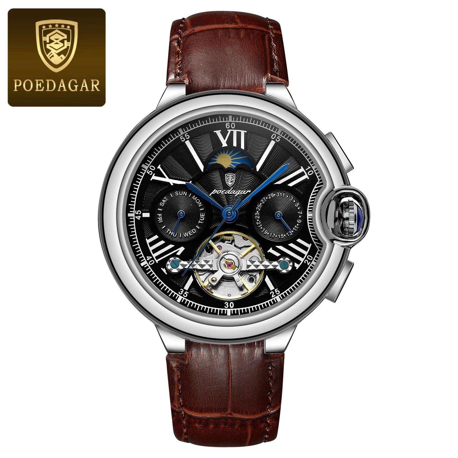 Montre Homme POEDAGAR Tourbillon Automatique Militaire – Acier Date Semaine Étanche