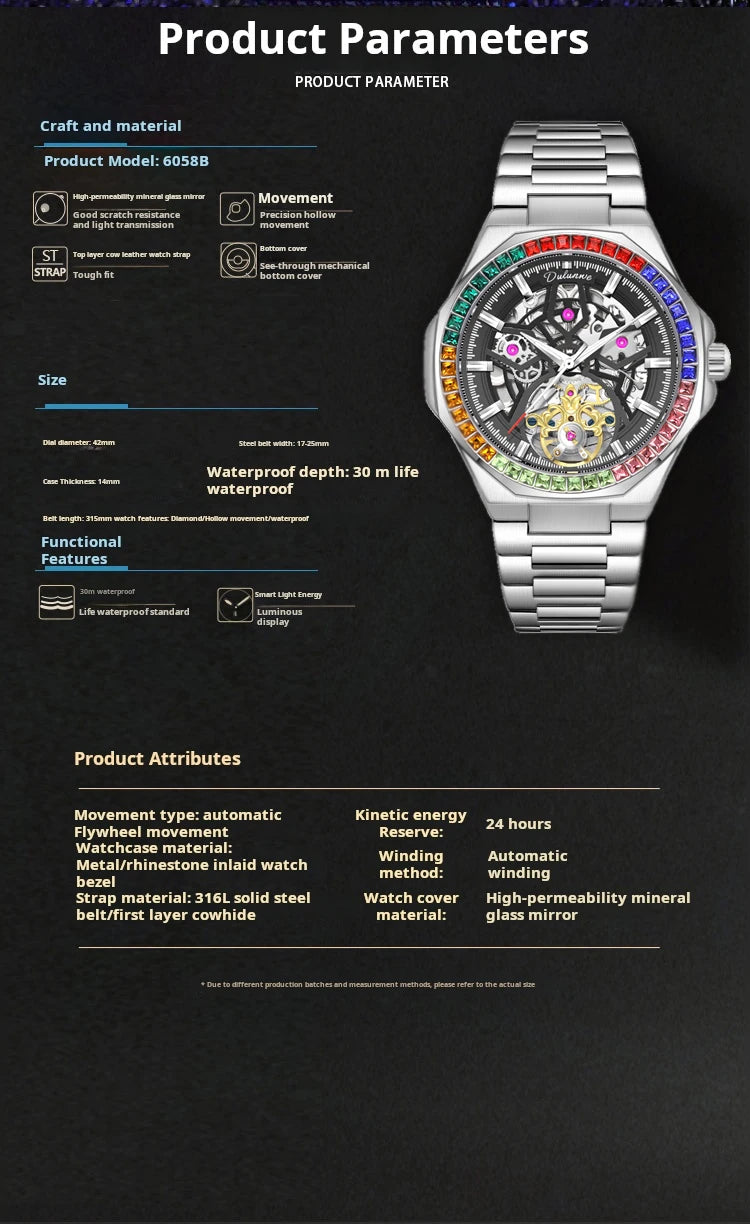 Montre Homme Tourbillon Automatique Mécanique – Lunette Gemmes Arc-en-Ciel Sport Business