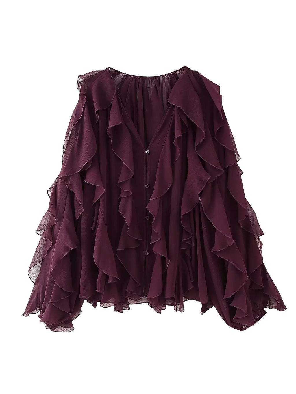 Blouse À Volants Semi-Transparente Femme Col V – Manches Longues Boutons | Style Sensuel Automne Bordeaux