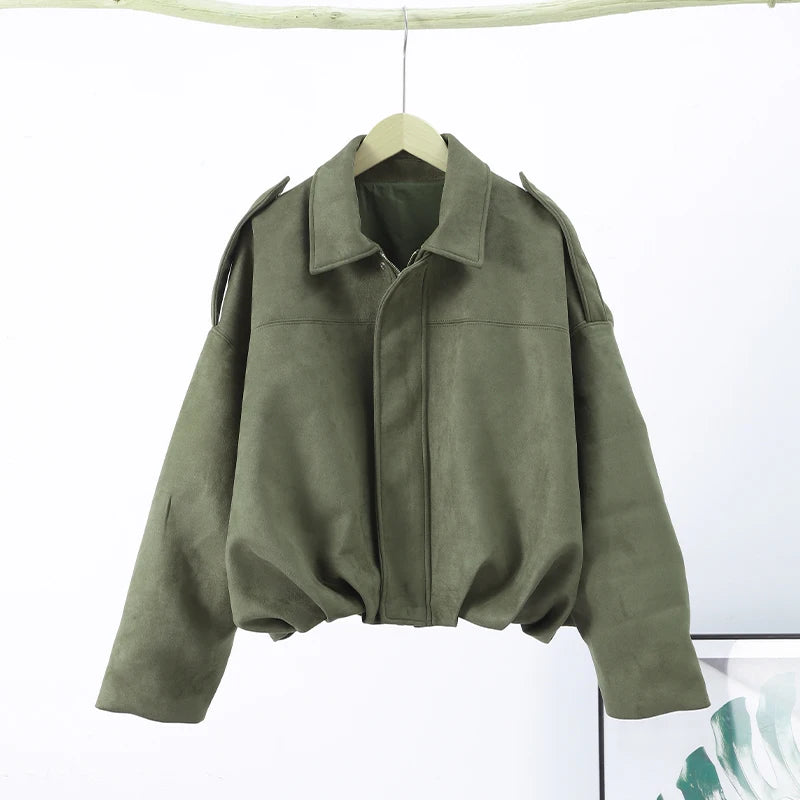 Veste Femme Suède Vert Élégante Manches Bouffantes Revers Fermeture Éclair Ample Plissée – Blouson Court Streetwear Printemps Automne | Mode 2025