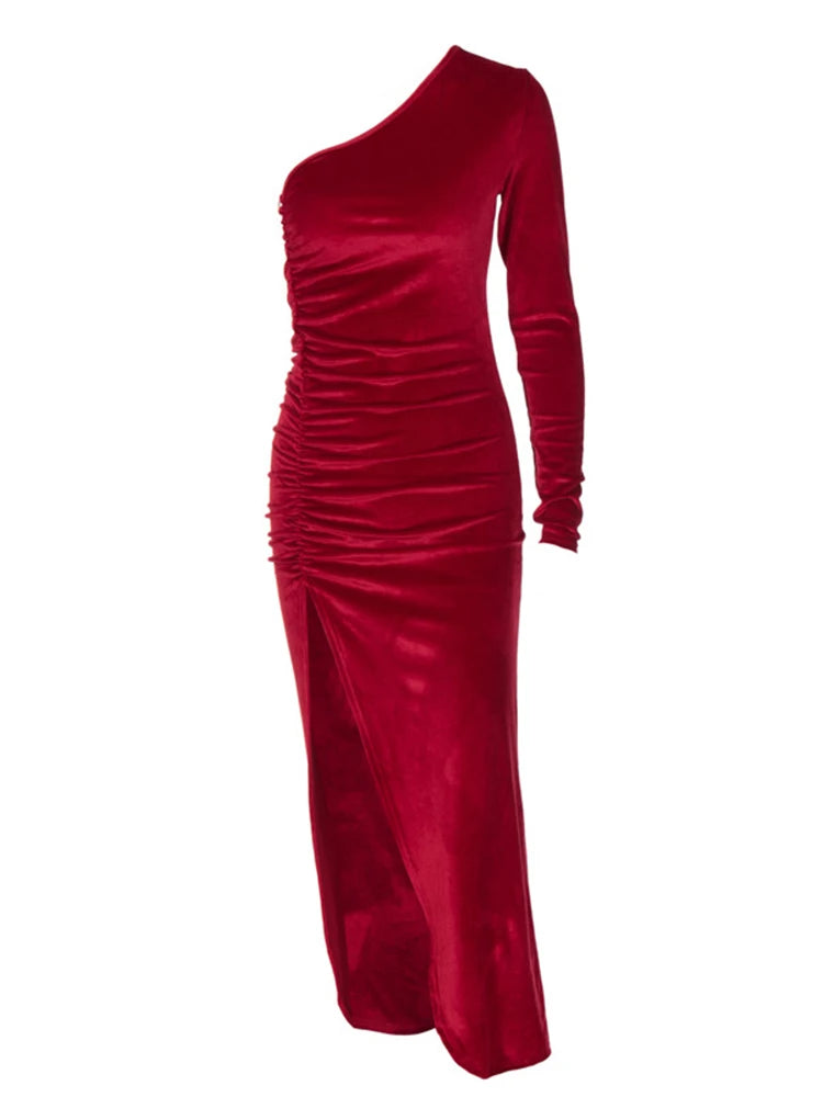 Elegantes Damen Samt Midi-Kleid Langarm Bodycon Schlitz Bleistift Abendkleid – Schickes Outfit Frühling Herbst | Glamour