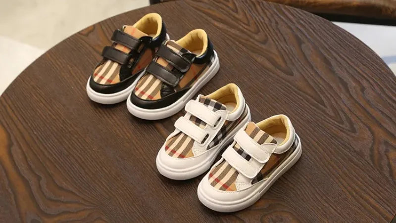 Baskets Enfant Style Coréen Carreaux Blanc – Sneakers Cuir PU Casual Unisexe 3-8 Ans