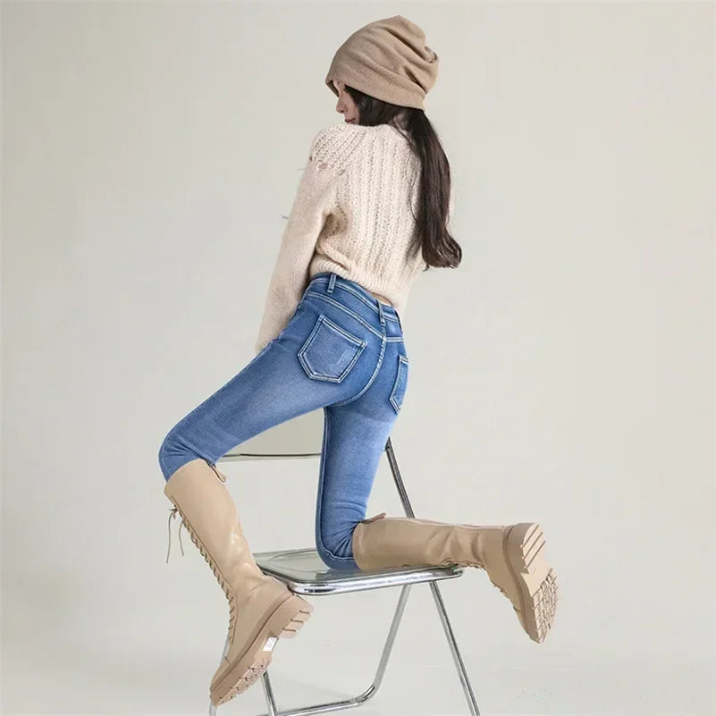 Jean Femme Thermique Skinny Taille Haute Chaud Polaire Stretch Denim – Pantalon Crayon Hiver Neige Confortable | Mode