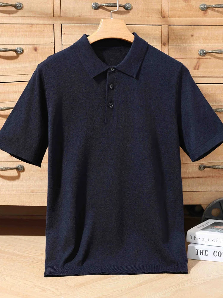 Pull Polo Homme 100% Laine Mérinos – Col Lapierre Manches Courtes Tricoté Loose Été Grande Taille