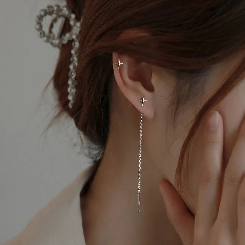 Boucles d'Oreilles Pendantes Longues Chaîne Étoile Argenté – Aiguille Droite Piercing | Style Minimaliste Tendance | Bijou Femme Mode & Soirée