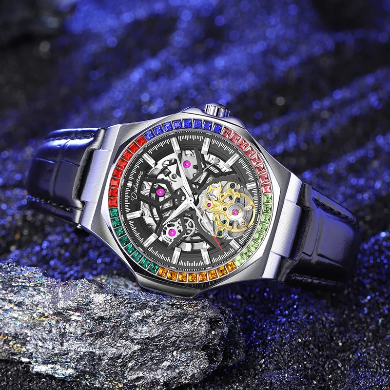 Montre Homme Tourbillon Automatique Mécanique – Lunette Gemmes Arc-en-Ciel Sport Business