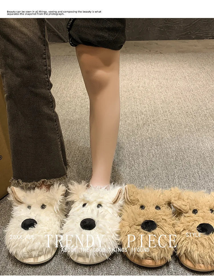Chaussons Chien Cartoon Plush Hiver Femme – Coton Chaud Non-Slip Intérieur Maison