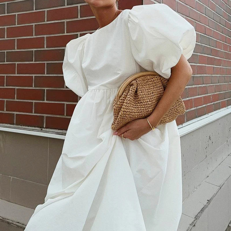 Robe Maxi Femme Boho Blanche Manches Bouffantes Taille Haute Ample Coton – Longue Été Bohème