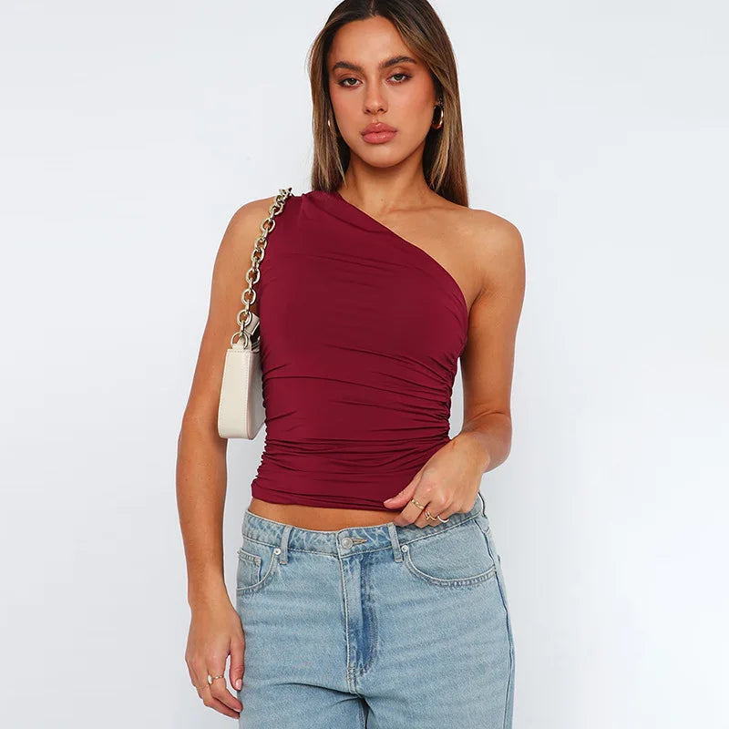 Top Une Épaule Dos Nu Femme – Couleur Bonbon Ajusté Sans Manches | Sexy Casual Été